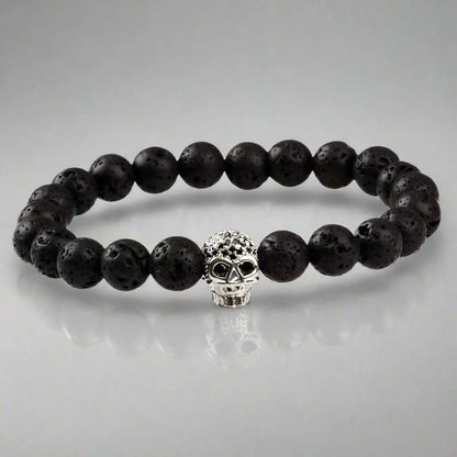 LAVA SKULL SILVER TONE - Beads Bracelet with Natural Volcanic Stone - 7inch Stretch Bracelet - THE MEN THING