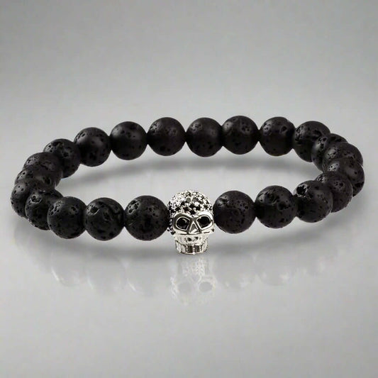 LAVA SKULL SILVER TONE - Beads Bracelet with Natural Volcanic Stone - 7inch Stretch Bracelet - THE MEN THING