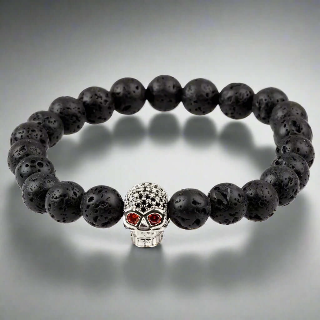 LAVA SKULL SILVER TONE - Beads Bracelet with Natural Volcanic Stone - 7inch Stretch Bracelet - THE MEN THING