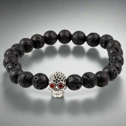 LAVA SKULL SILVER TONE - Beads Bracelet with Natural Volcanic Stone - 7inch Stretch Bracelet - THE MEN THING