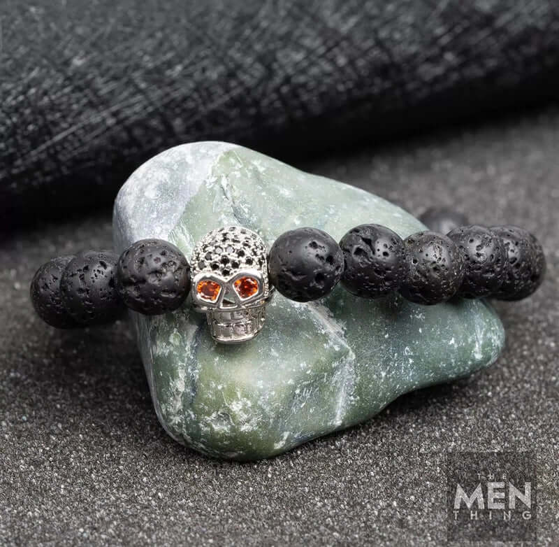 LAVA SKULL SILVER TONE - Beads Bracelet with Natural Volcanic Stone - 7inch Stretch Bracelet - THE MEN THING