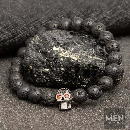 LAVA SKULL SILVER TONE - Beads Bracelet with Natural Volcanic Stone - 7inch Stretch Bracelet - THE MEN THING