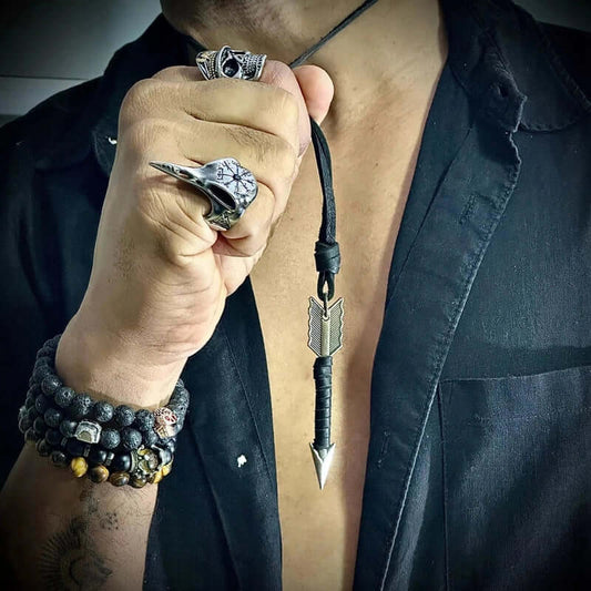 LEATHER BOALT BLACK - Vintage Alloy Black Wrapped Arrow Pendant with Adjustable Pure Leather Cord Necklace for Men & Boys - THE MEN THING