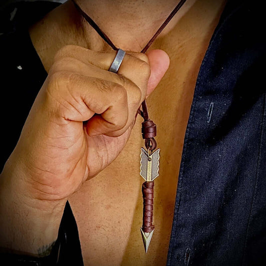 LEATHER BOALT BROWN - Vintage Alloy Gold Wrapped Arrow Pendant with Adjustable Pure Leather Cord Necklace for Men & Boys - THE MEN THING