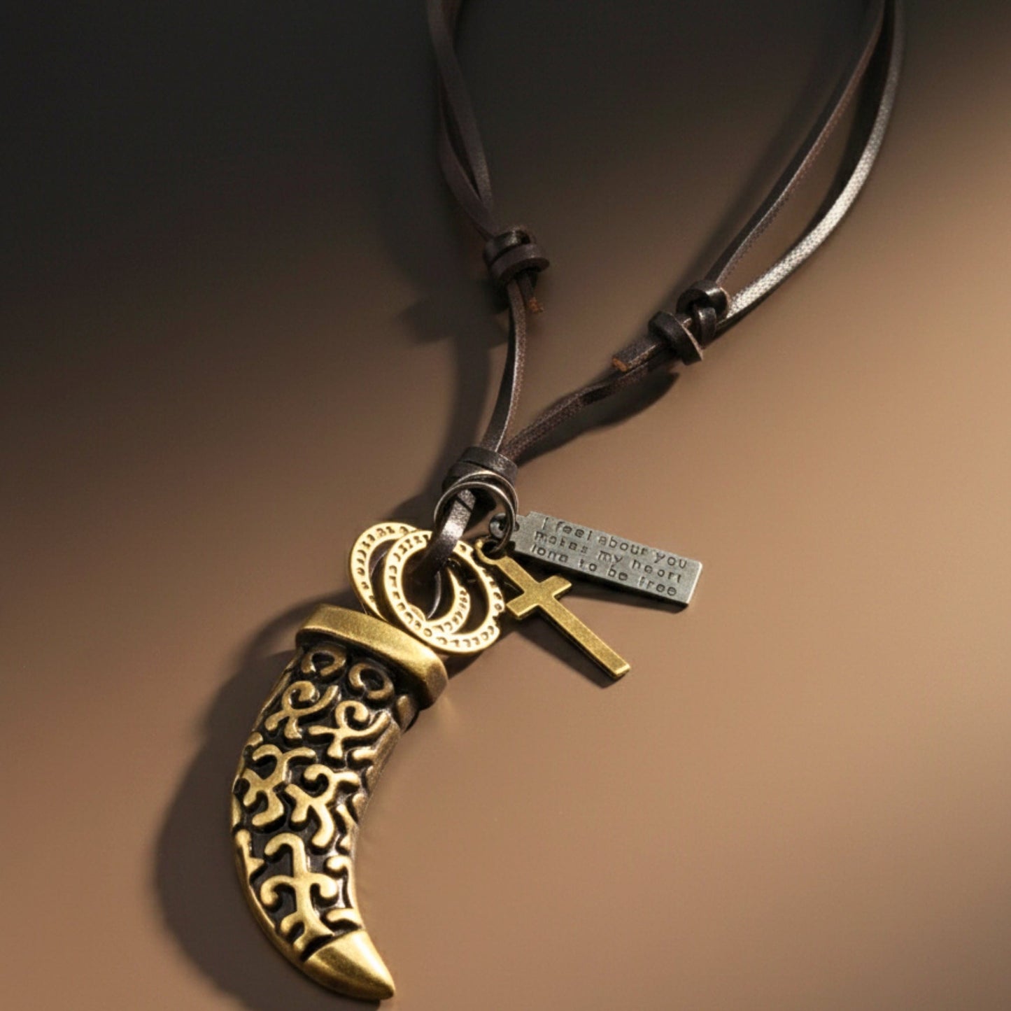 LEGION FANG - Brass Gold  – 2-Inch Pure Stainless Steel Pendant with Adjustable Leather Rope for Men & Boys - THE MEN THING