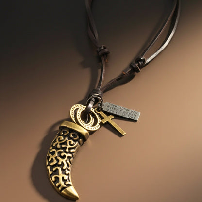 LEGION FANG - Brass Gold  – 2-Inch Pure Stainless Steel Pendant with Adjustable Leather Rope for Men & Boys - THE MEN THING