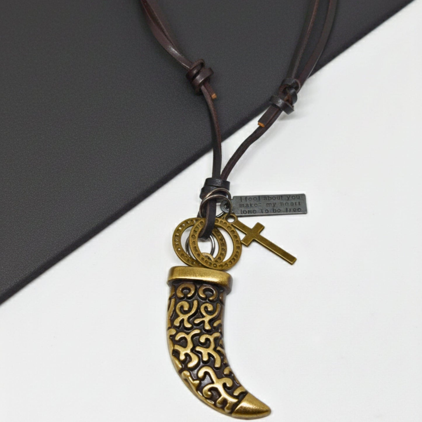 LEGION FANG - Brass Gold  – 2-Inch Pure Stainless Steel Pendant with Adjustable Leather Rope for Men & Boys - THE MEN THING