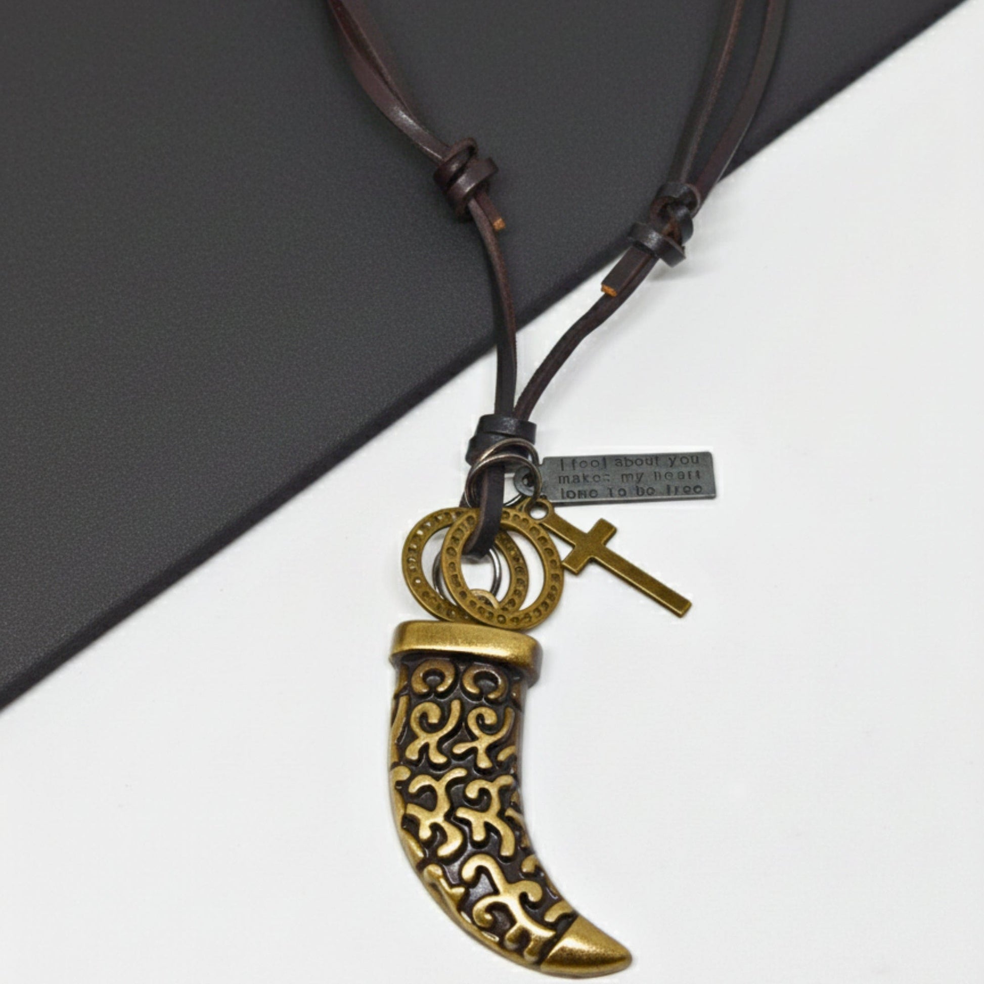 LEGION FANG - Brass Gold  – 2-Inch Pure Stainless Steel Pendant with Adjustable Leather Rope for Men & Boys - THE MEN THING