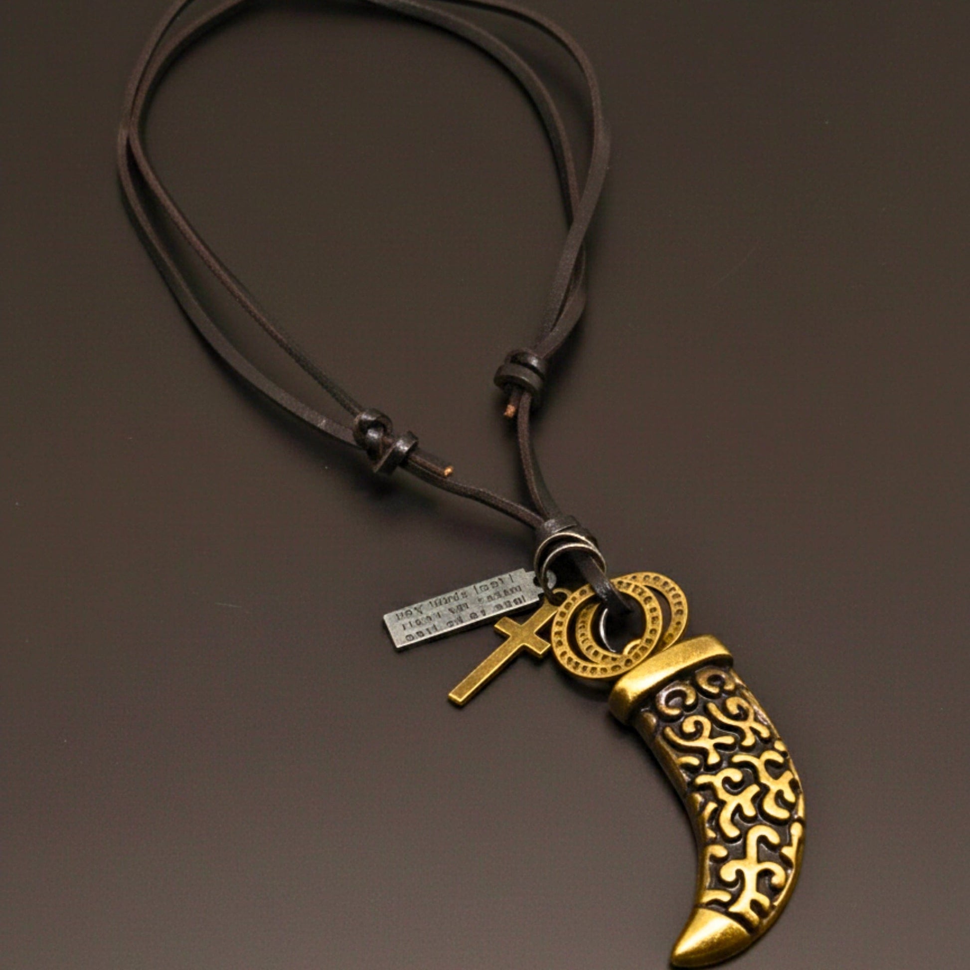 LEGION FANG - Brass Gold  – 2-Inch Pure Stainless Steel Pendant with Adjustable Leather Rope for Men & Boys - THE MEN THING