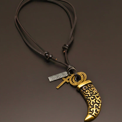 LEGION FANG - Brass Gold  – 2-Inch Pure Stainless Steel Pendant with Adjustable Leather Rope for Men & Boys - THE MEN THING