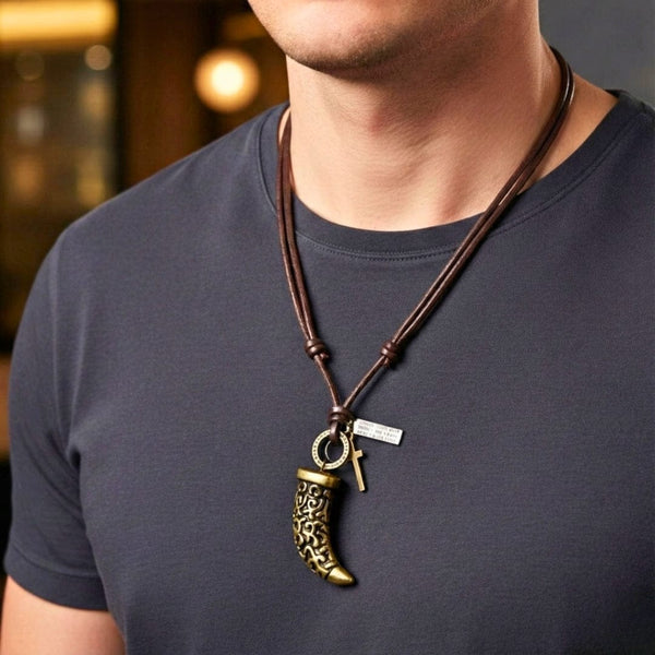 LEGION FANG - Brass Gold  – 2-Inch Pure Stainless Steel Pendant with Adjustable Leather Rope for Men & Boys
