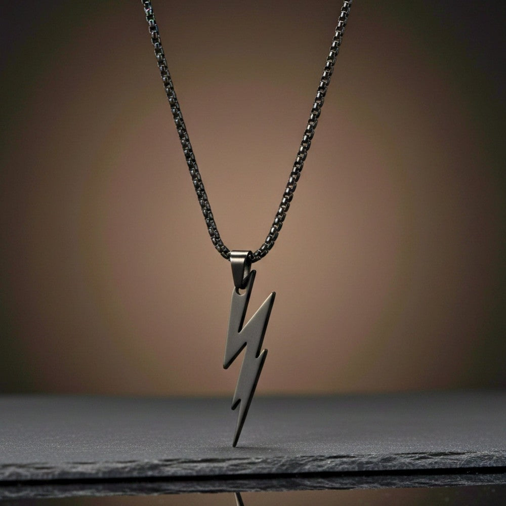 LIGHTNING BLACK BOLT - 10mm Titanium Steel Pendant with 23inch Round Box 4 mm Chain for Men & Boys - THE MEN THING
