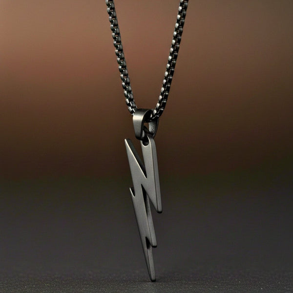 LIGHTNING BLACK BOLT - 10mm Titanium Steel Pendant with 23inch Round Box 4 mm Chain for Men & Boys