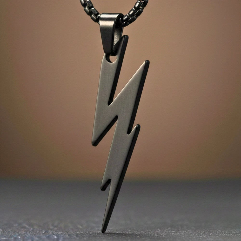 LIGHTNING BLACK BOLT - 10mm Titanium Steel Pendant with 23inch Round Box 4 mm Chain for Men & Boys - THE MEN THING
