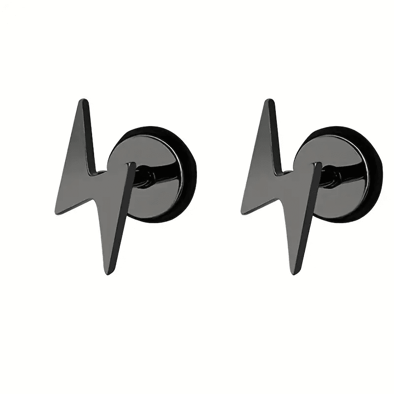 LIGHTNING BOLT BLACK - Pure Titanium Steel Piercing Ear Earrings for Men & Boys (2 Pcs) - THE MEN THING