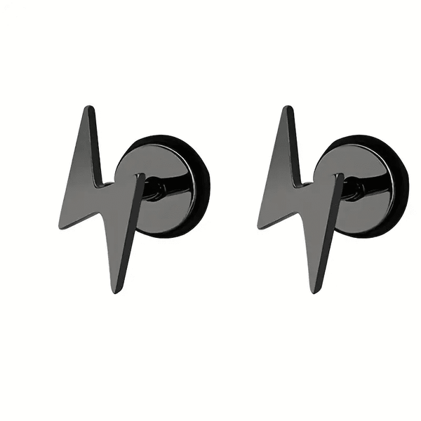 LIGHTNING BOLT BLACK - Pure Titanium Steel Piercing Ear Earrings for Men & Boys (2 Pcs)