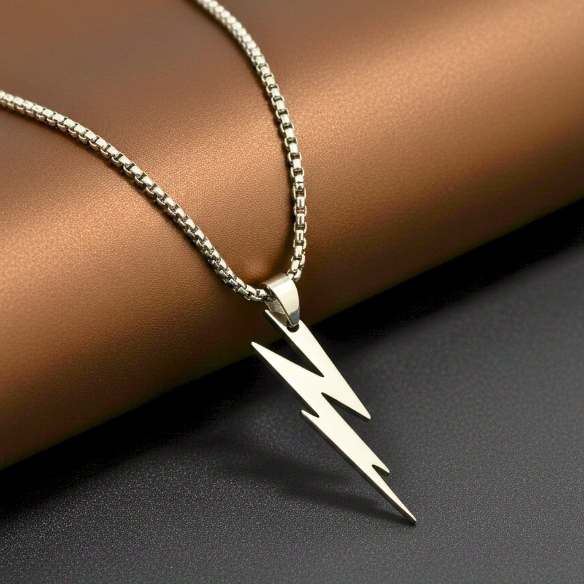 LIGHTNING SILVER BOLT - 10mm Titanium Steel Pendant with 23inch Round Box 4 mm Chain for Men & Boys - THE MEN THING