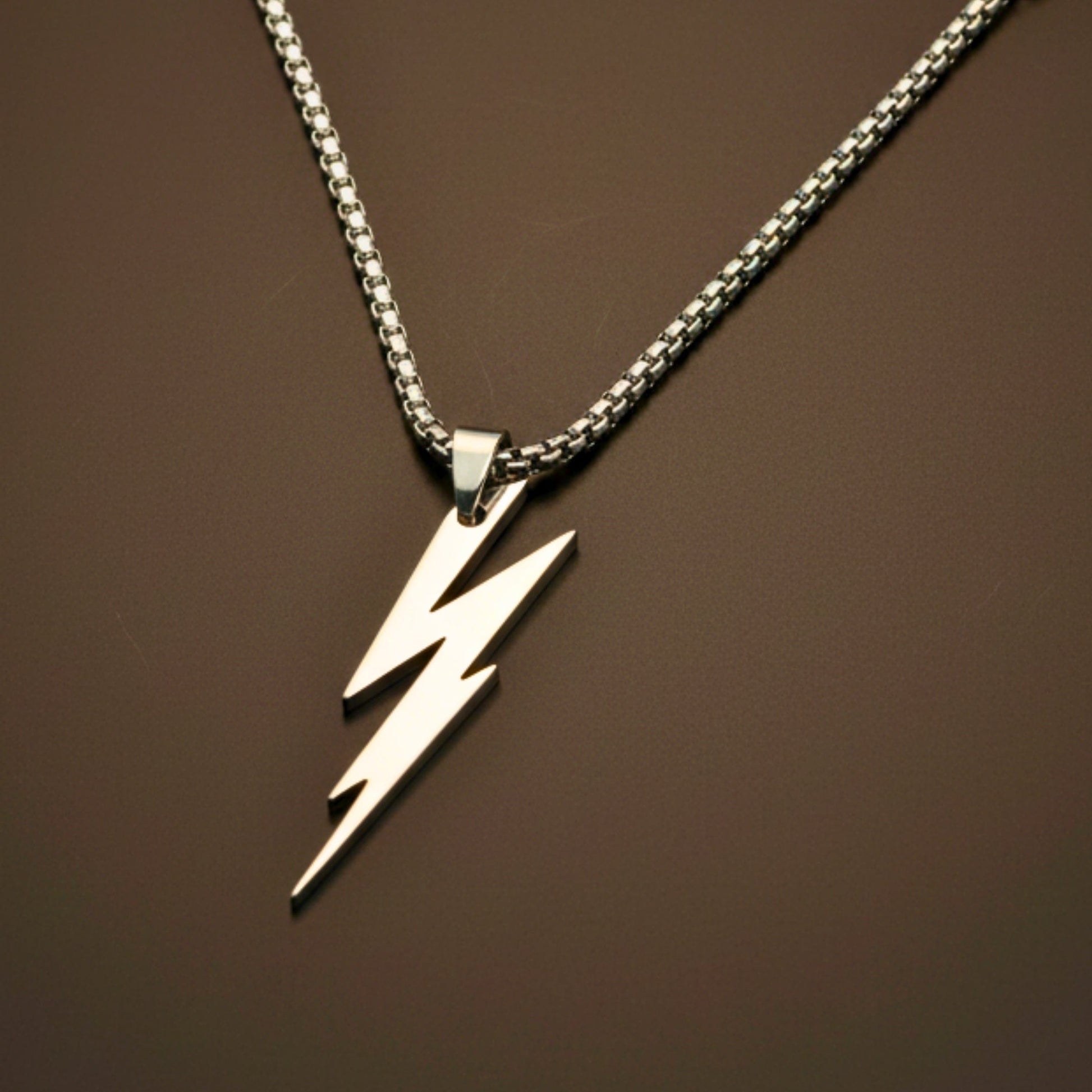 LIGHTNING SILVER BOLT - 10mm Titanium Steel Pendant with 23inch Round Box 4 mm Chain for Men & Boys - THE MEN THING
