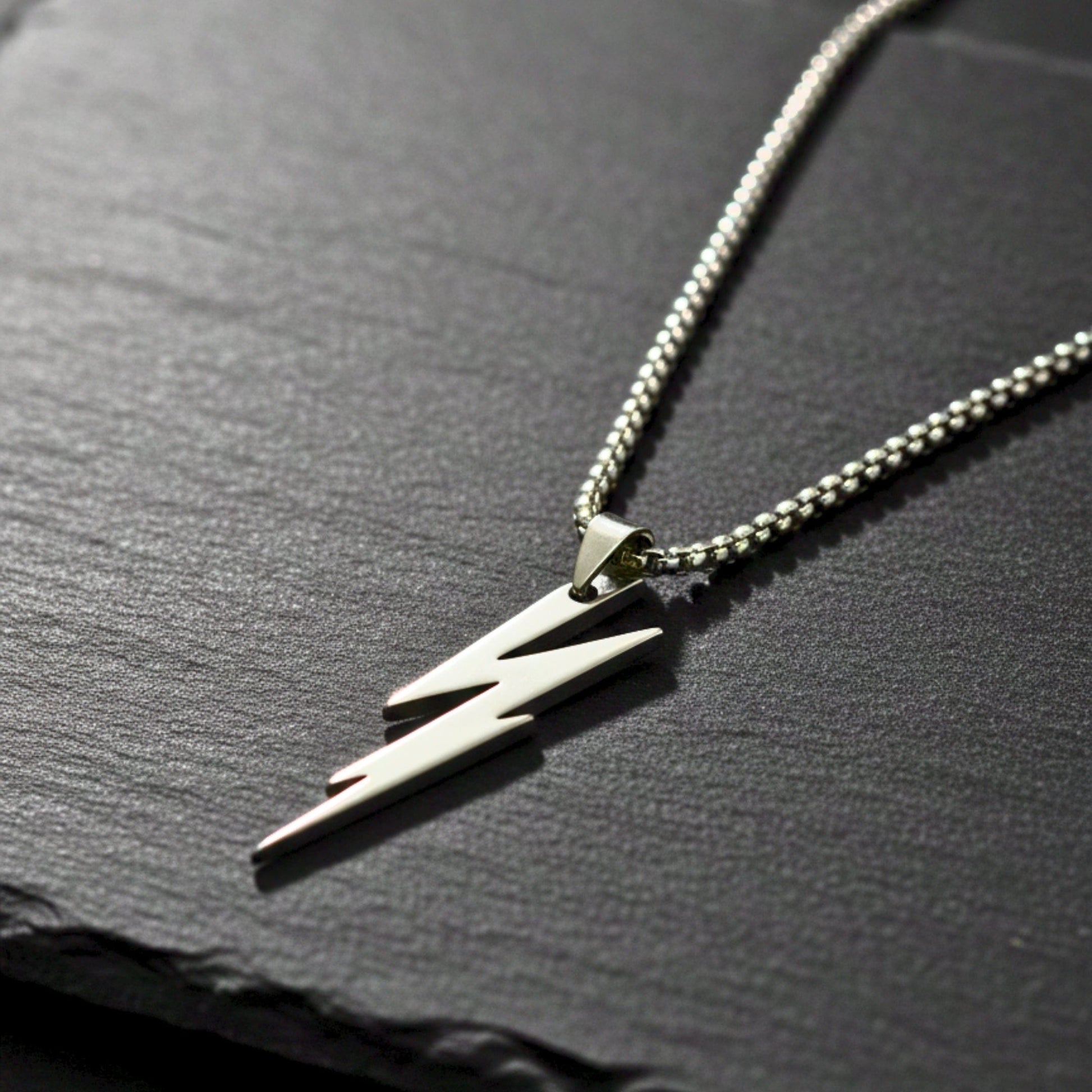LIGHTNING SILVER BOLT - 10mm Titanium Steel Pendant with 23inch Round Box 4 mm Chain for Men & Boys - THE MEN THING