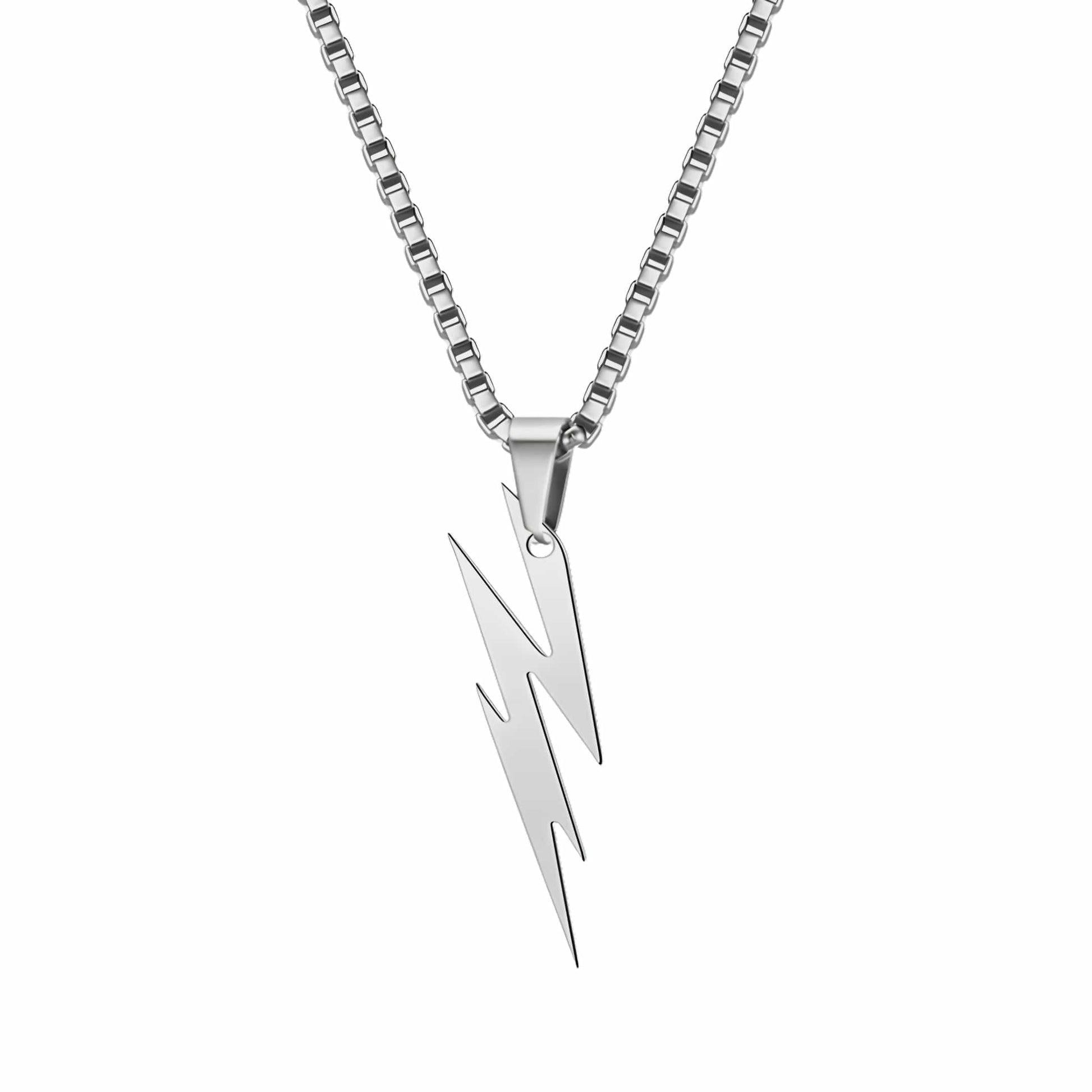 LIGHTNING SILVER BOLT - 10mm Titanium Steel Pendant with 23inch Round Box 4 mm Chain for Men & Boys - THE MEN THING