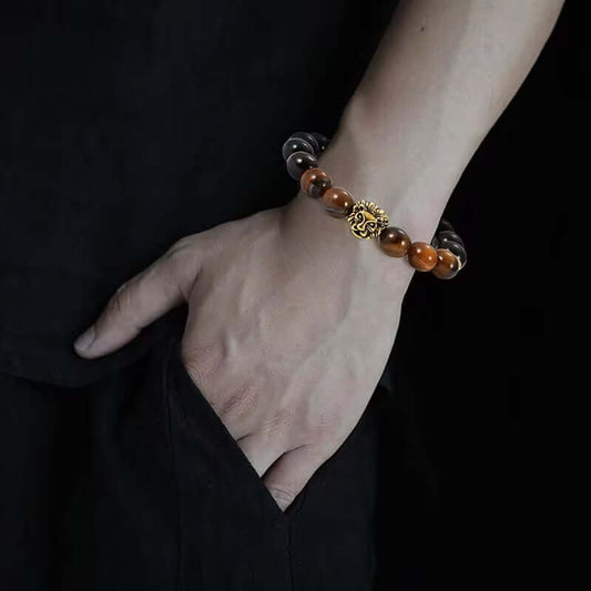 LION HEAD - Natural Beads Alloy Stretch Bracelet for Men and Boys - THE MEN THING