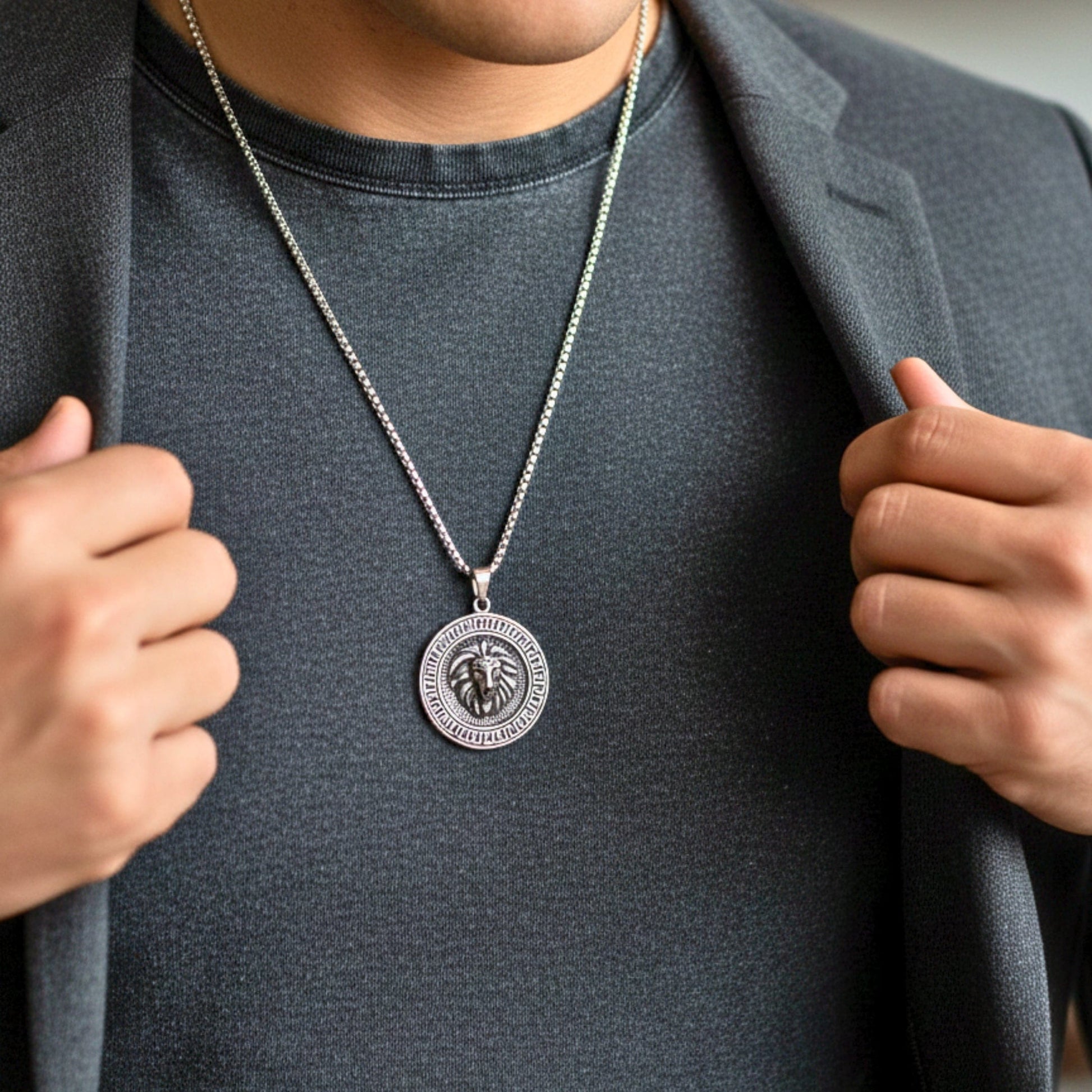 LION SEAL - 40mm Titanium Steel Pendant with 24inch Round Box 5mm Chain for Men & Boys - THE MEN THING