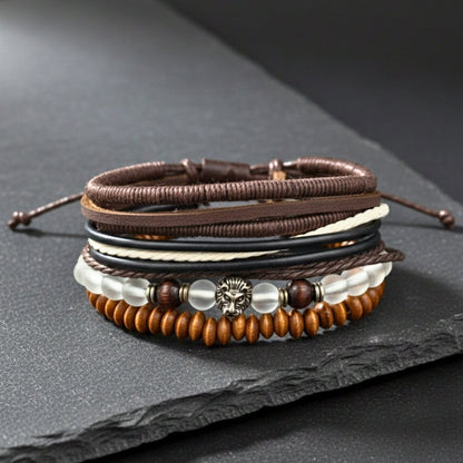 LIONHEART TRIBAL - 4 Pcs Genuine Leather Adjustable Bracelet Set for Men & Boys (8 inch) - THE MEN THING