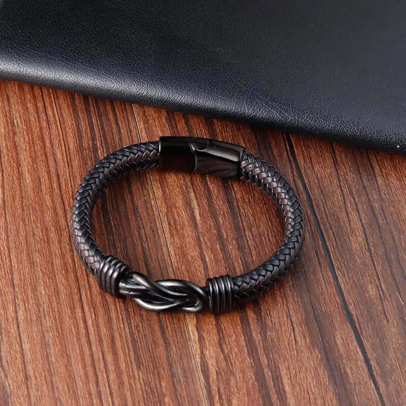 LOVE KNOT BROWN - Genuine Leather Braided Bracelet with Stainless Steel Magnetic Buckle for Men & Boys (8 inch) - THE MEN THING
