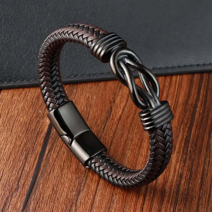 LOVE KNOT BROWN - Genuine Leather Braided Bracelet with Stainless Steel Magnetic Buckle for Men & Boys (8 inch) - THE MEN THING