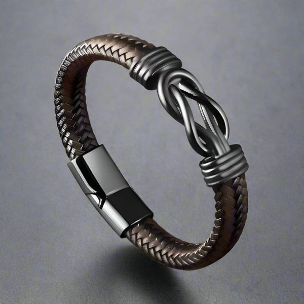 LOVE KNOT BROWN - Genuine Leather Braided Bracelet with Stainless Steel Magnetic Buckle for Men & Boys (8 inch)