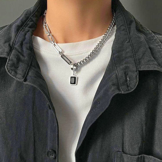 LYNXA NOIR STEEL - 15mm Titanium Steel Pendant with 21 to 23inch Adjustable Cube 6mm Chain for Men & Boys - THE MEN THING