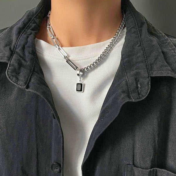 LYNXA NOIR STEEL - 15mm Titanium Steel Pendant with 21 to 23inch Adjustable Cube 6mm Chain for Men & Boys