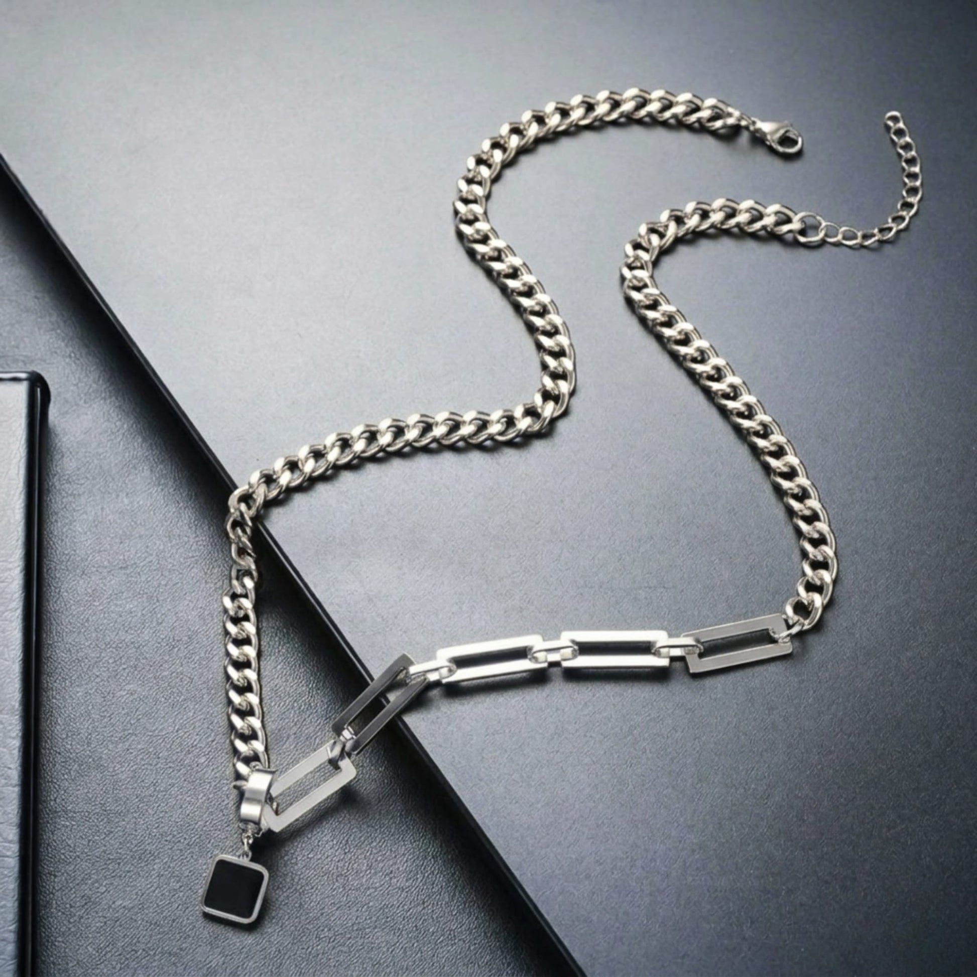 LYNXA NOIR STEEL - 15mm Titanium Steel Pendant with 21 to 23inch Adjustable Cube 6mm Chain for Men & Boys - THE MEN THING