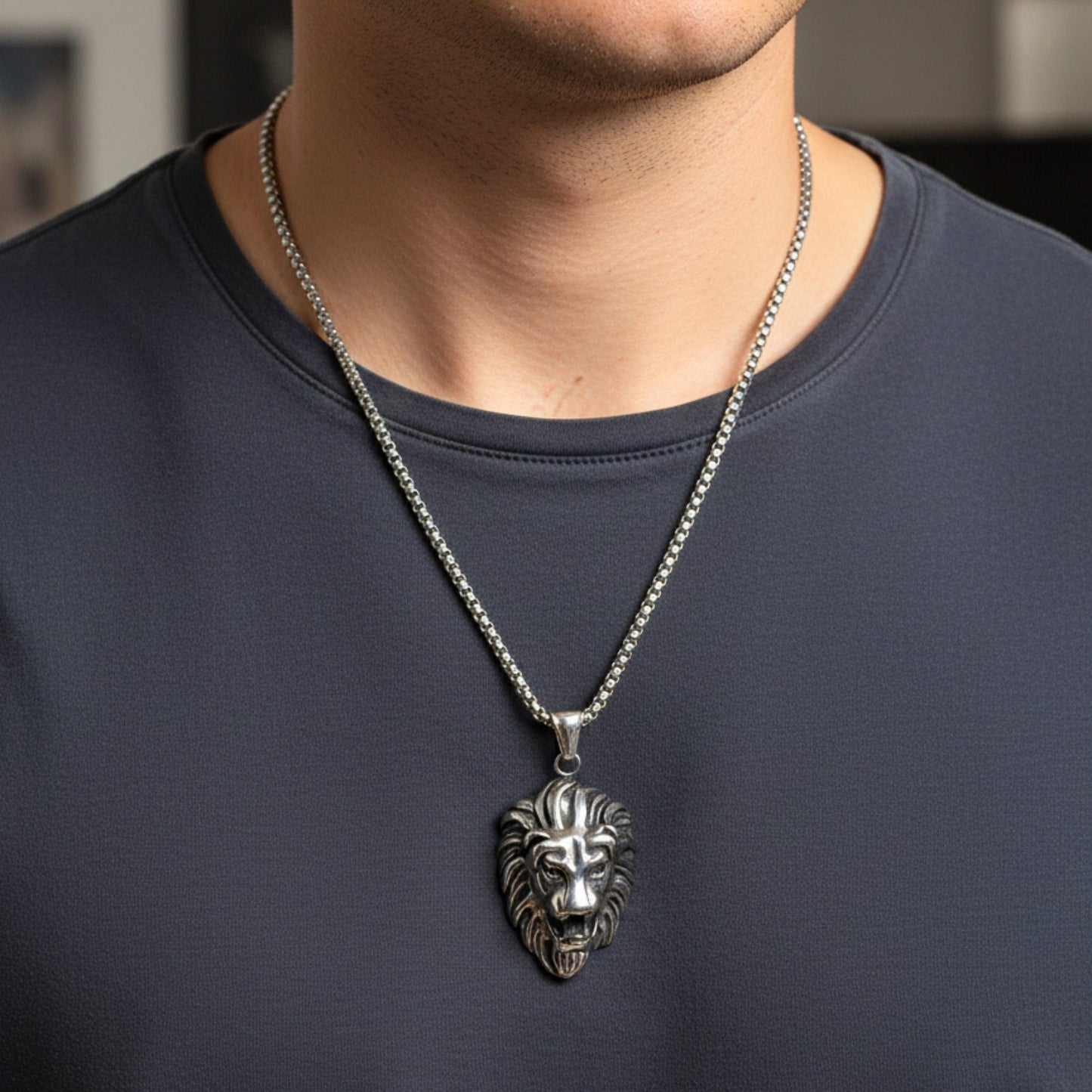 MAJESTY LION HEAD - 28mm Titanium Steel Pendant with 24inch Round Box 5mm Chain for Men & Boys - THE MEN THING