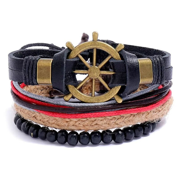 MARINER’S EDGE -  4 Pcs Genuine Braided Leather Bracelet Set for Men & Boys (8 inch)