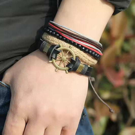 MARINER’S EDGE -  4 Pcs Genuine Braided Leather Bracelet Set for Men & Boys (8 inch) - THE MEN THING