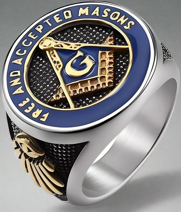 MASONIC SIGNET - Pure Titanium Rings For Men, Luxury Style, Blue Gold Tone (Size : 17-21- 24)