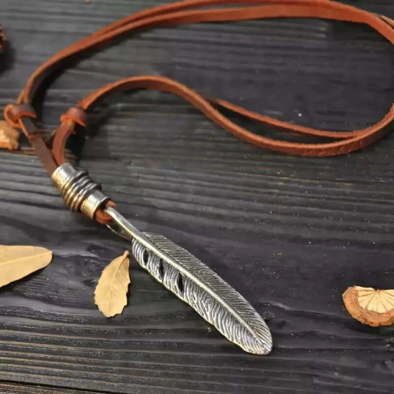 MAYAN FREEDOM BROWN - Vintage Alloy Feather Pendant with Adjustable Pure Leather Cord Necklace for Men & Boys - THE MEN THING