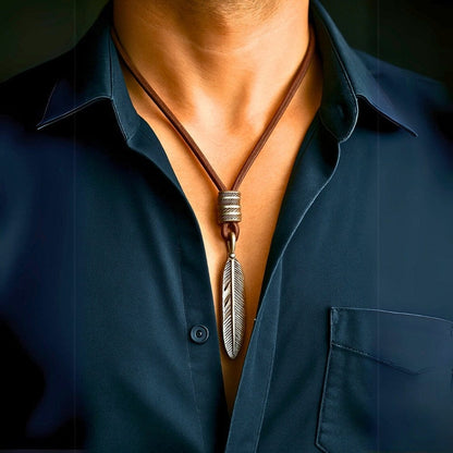MAYAN FREEDOM BROWN - Vintage Alloy Feather Pendant with Adjustable Pure Leather Cord Necklace for Men & Boys - THE MEN THING