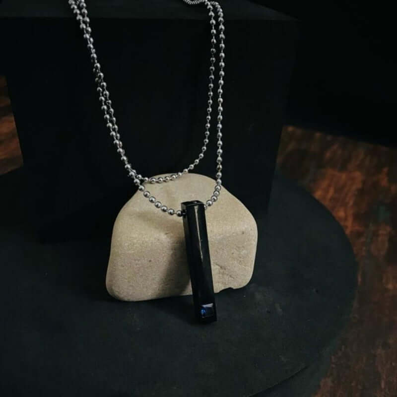 MIDNIGHT DELIGHT :  Pure Titanium Steel Blue 3D Crystal with Black Cuboid Vertical Bar Pendant with 24inch Ball Chain for Men & Boys - THE MEN THING