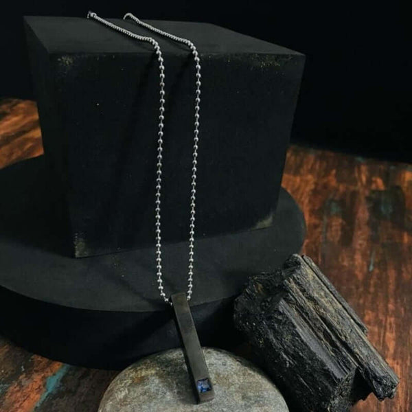 MIDNIGHT DELIGHT :  Pure Titanium Steel Blue 3D Crystal with Black Cuboid Vertical Bar Pendant with 24inch Ball Chain for Men & Boys