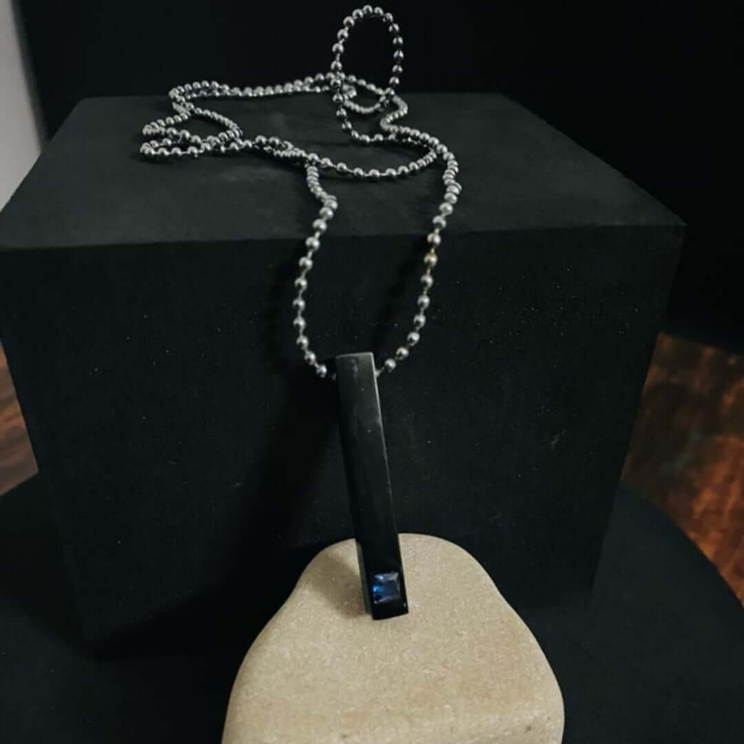 MIDNIGHT DELIGHT :  Pure Titanium Steel Blue 3D Crystal with Black Cuboid Vertical Bar Pendant with 24inch Ball Chain for Men & Boys - THE MEN THING