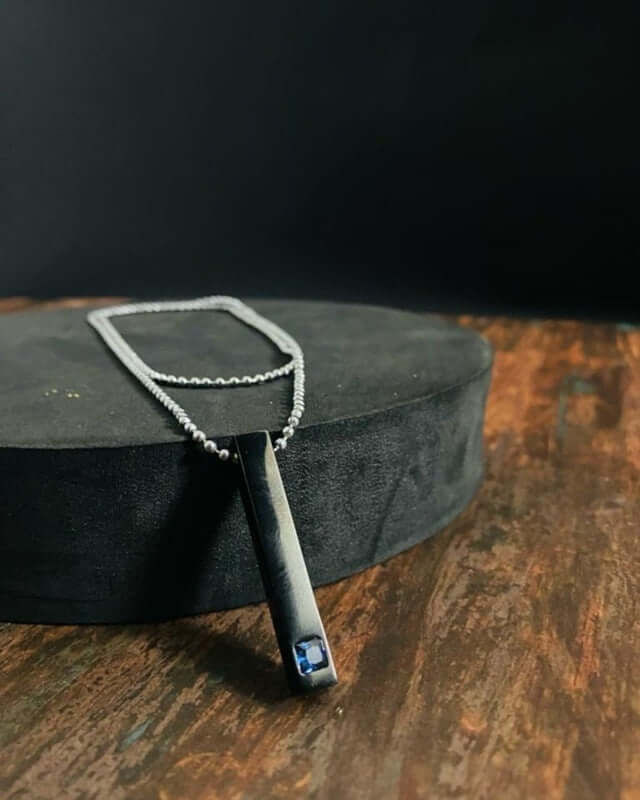 MIDNIGHT DELIGHT :  Pure Titanium Steel Blue 3D Crystal with Black Cuboid Vertical Bar Pendant with 24inch Ball Chain for Men & Boys - THE MEN THING