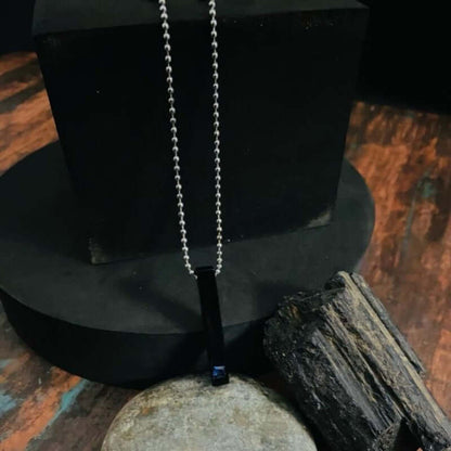 MIDNIGHT DELIGHT :  Pure Titanium Steel Blue 3D Crystal with Black Cuboid Vertical Bar Pendant with 24inch Ball Chain for Men & Boys - THE MEN THING