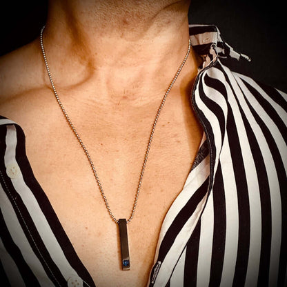 MIDNIGHT DELIGHT :  Pure Titanium Steel Blue 3D Crystal with Black Cuboid Vertical Bar Pendant with 24inch Ball Chain for Men & Boys - THE MEN THING