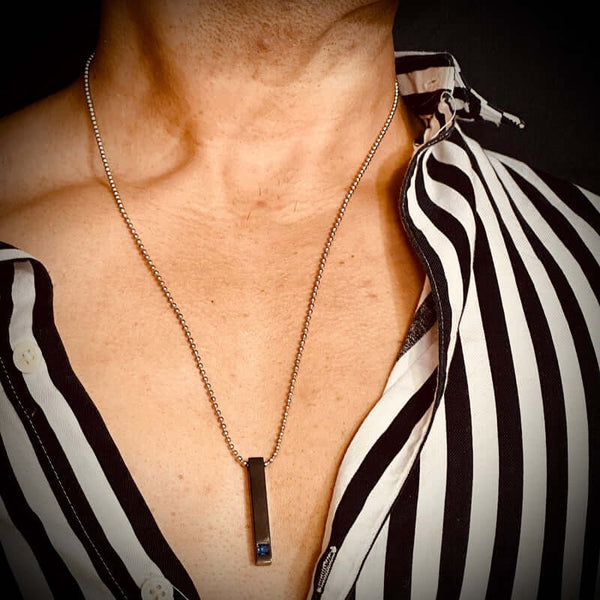 MIDNIGHT DELIGHT :  Pure Titanium Steel Blue 3D Crystal with Black Cuboid Vertical Bar Pendant with 24inch Ball Chain for Men & Boys