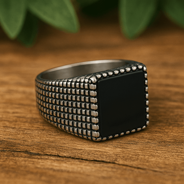 MIDNIGHT HEX RING - Pure Stainless Steel Men’s Steel-Plated Ring – Statement Luxury Jewelry (Size : 17-22-28)