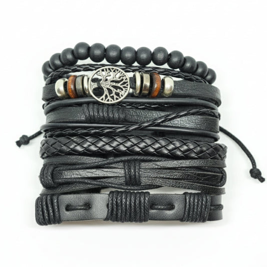 MIDNIGHT LIFETREE - Black 6 Pcs Genuine Leather Adjustable Bracelet Set for Men & Boys (8 inch) - THE MEN THING