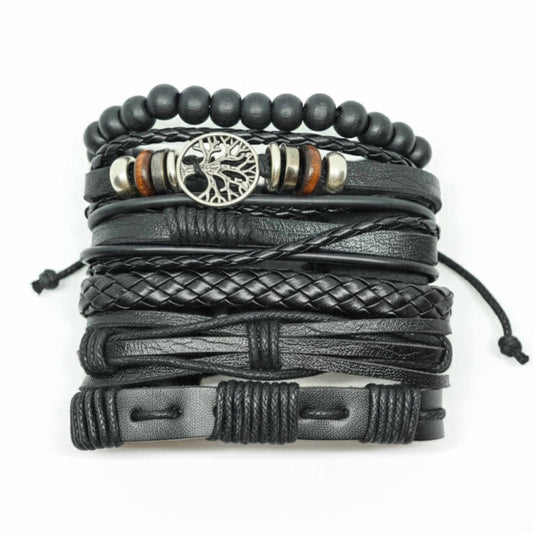 MIDNIGHT LIFETREE - Black 6 Pcs Genuine Leather Adjustable Bracelet Set for Men & Boys (8 inch) — Leather Bracelet for Men | THE MEN THING