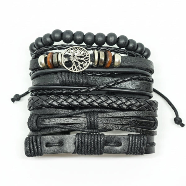 MIDNIGHT LIFETREE - Black 6 Pcs Genuine Leather Adjustable Bracelet Set for Men & Boys (8 inch)